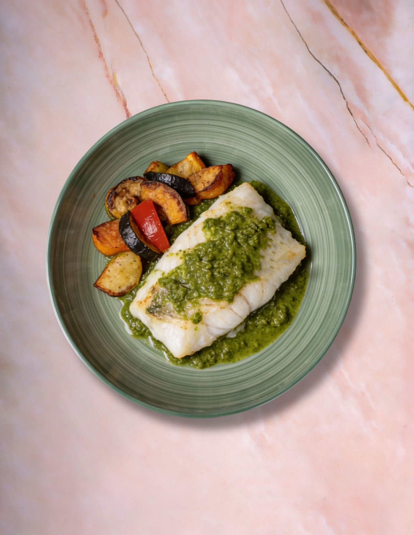 Merluza en Salsa Verde con Verduras Horneadas