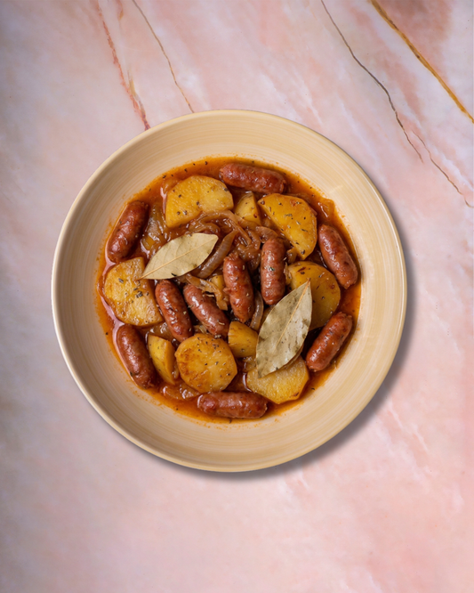 Salchichas al Vino con Patatas Panaderas
