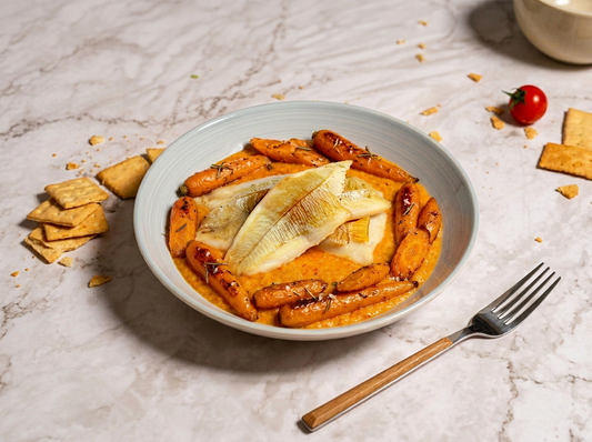 Caella en salsa de Zanahoria con Zanahoria Asada